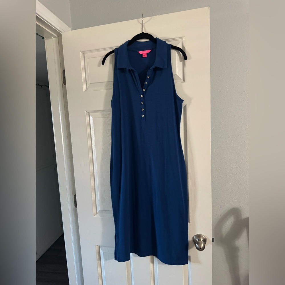 Lilly Pulitzer Womens Reema Sleeveless Midi Polo Dress in Aegean Navy Blue Large